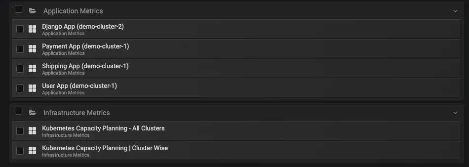 Grafana dashboards for application and infra metrics