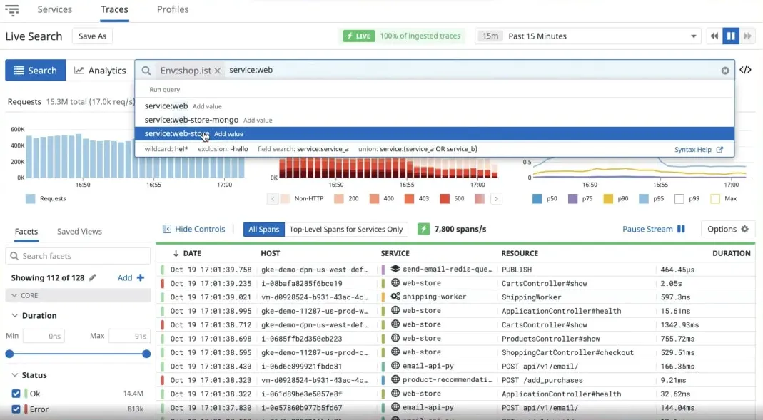 DataDog distributed tracing dashboard