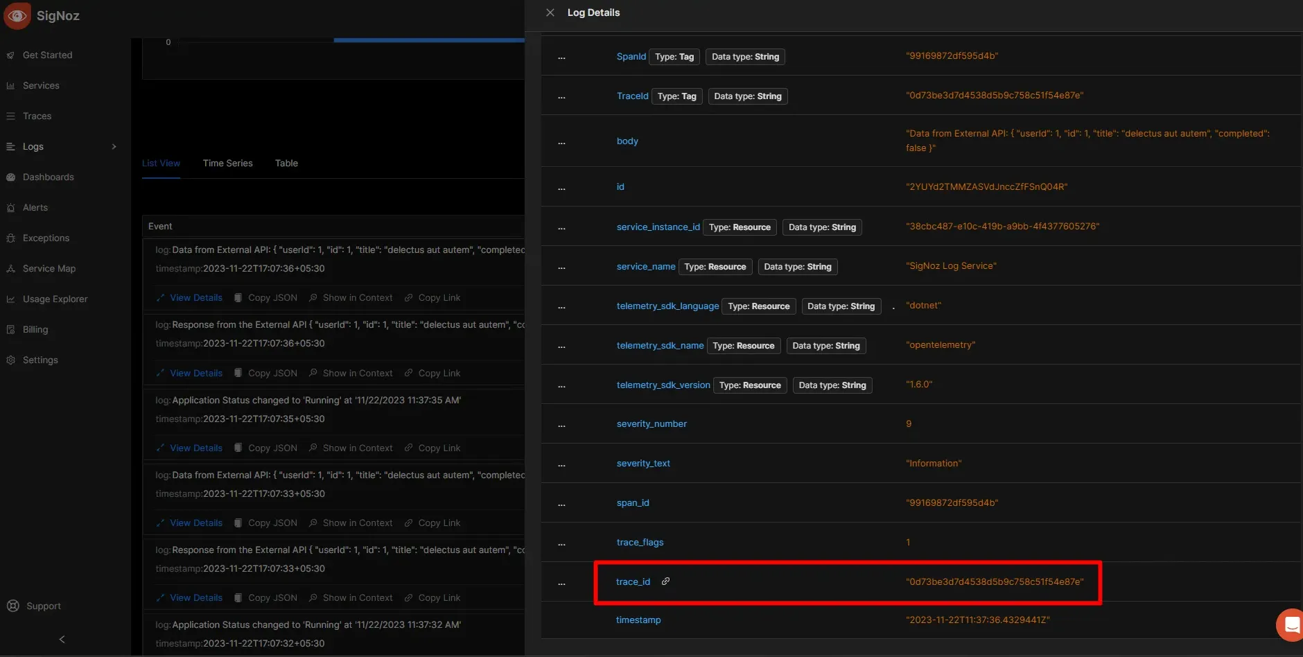 You can click on Trace ID to see the corresponding span for the log