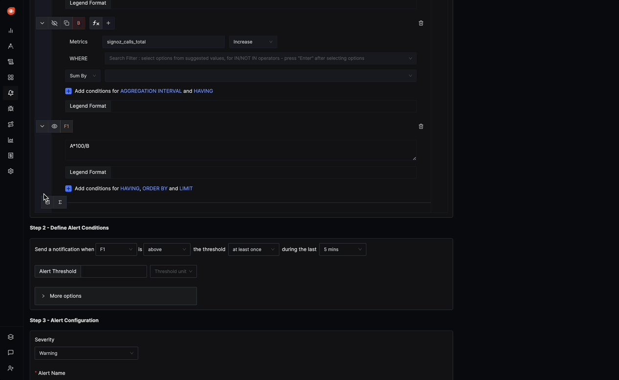 A gif of Metrics Based alerts example in SigNoz