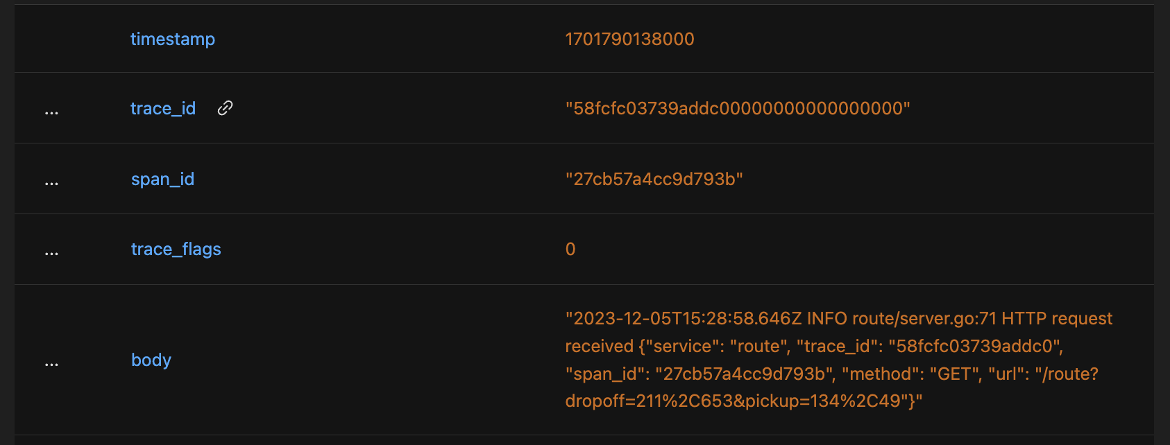 A log with span_id and trace_id fields populated based on log attributes, with trace_id linking to corresponding trace